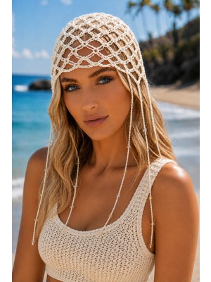 Tom Company-Ekru-Boncuklu Örgü Bohem Saç Aksesuarı File Yazlık Bere Şapka & Bandana