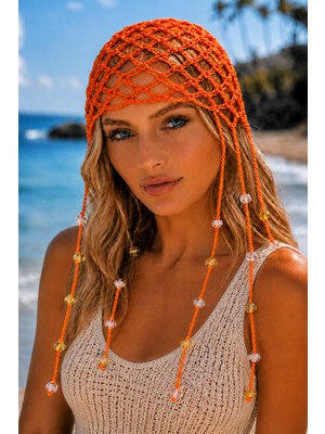 Tom Company-Turuncu-Boncuklu Örgü Bohem Saç Aksesuarı File Yazlık Bere Şapka & Bandana