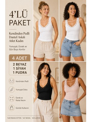 Loule Kadın Pamuklu & Modal Dantel Askılı Pedli 4 Adet Esnek Günlük Atlet - Toparlayıcı 4'lü Bra Singlet