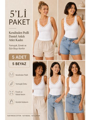 Loule Kadın Pamuklu & Modal Dantel Askılı Pedli 5 Adet Esnek Günlük Atlet - Toparlayıcı 5'li Bra Singlet