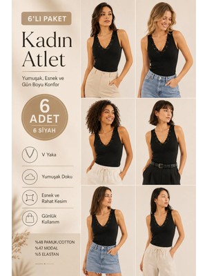 Loule Kadın Pamuk & Modal V Yaka Dantel Detaylı 6 Adet Atlet - Esnek ve Yumuşak Doku