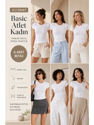 Loule Kadın Bisiklet Yaka Kısa Kollu 6'lı Basic Tişört - Pamuklu & Modal Esnek Kumaş