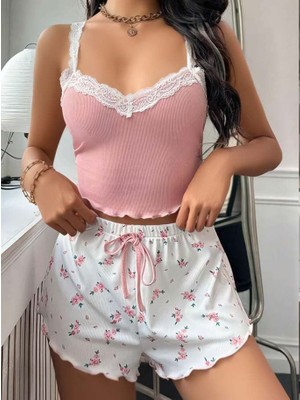 Bezos Kadın Çiçek Desenli Dantel Askılı Şortlu Pijama Takımı 5200