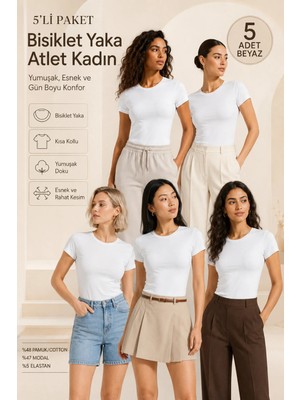 Loule Kadın Bisiklet Yaka Kısa Kollu 5'li Basic Tişört - Pamuklu & Modal Esnek Kumaş