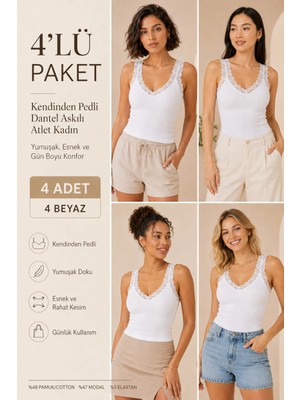 Loule Kadın Pamuklu & Modal Dantel Askılı Pedli 4 Adet Esnek Günlük Atlet - Toparlayıcı 4'lü Bra Singlet