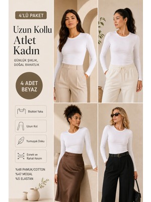 Loule Kadın 4 Adet Pamuklu & Modal Bisiklet Yaka Uzun Kollu Basic Atlet - 4'lü Avantaj Paketi