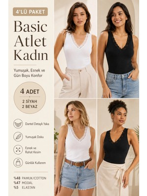 Loule Kadın Pamuk & Modal V Yaka Dantel Detaylı 4 Adet Atlet - Esnek ve Yumuşak Doku