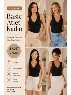 Loule Kadın Pamuk & Modal V Yaka Dantel Detaylı 4 Adet Atlet - Esnek ve Yumuşak Doku