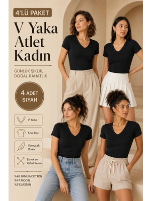 Loule Kadın 4 Adet V Yaka Pamuklu & Modal Kısa Kollu Basic Esnek Tişört - 4'lü Avantaj Paketi