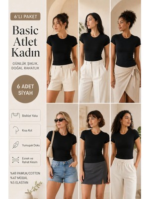 Loule Kadın Bisiklet Yaka Kısa Kollu 6'lı Basic Tişört - Pamuklu & Modal Esnek Kumaş