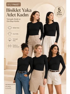 Loule Kadın 5 Adet Pamuklu & Modal Bisiklet Yaka Uzun Kollu Basic Atlet - 5'li Avantaj Paketi