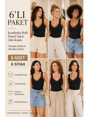 Loule Kadın Pamuklu & Modal Dantel Askılı Pedli 6 Adet Esnek Günlük Atlet - Toparlayıcı 6'lı Bra Singlet