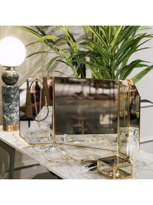 Mey İthalat 60X30CM Pirinç Gold Masaüstü Makyaj Aynası Dekoratif Yapımı Taşınabilir