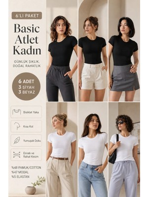 Loule Kadın Bisiklet Yaka Kısa Kollu 6'lı Basic Tişört - Pamuklu & Modal Esnek Kumaş