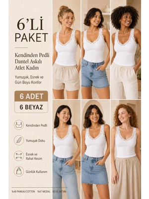 Loule Kadın Pamuklu & Modal Dantel Askılı Pedli 6 Adet Esnek Günlük Atlet - Toparlayıcı 6'lı Bra Singlet
