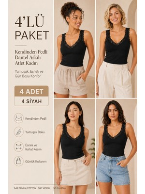 Loule Kadın Pamuklu & Modal Dantel Askılı Pedli 4 Adet Esnek Günlük Atlet - Toparlayıcı 4'lü Bra Singlet