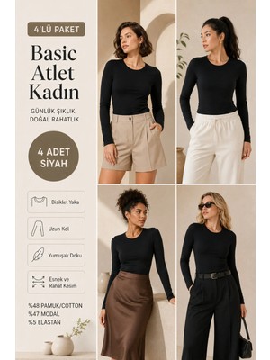 Loule Kadın 4 Adet Pamuklu & Modal Bisiklet Yaka Uzun Kollu Basic Atlet - 4'lü Avantaj Paketi