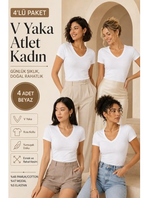 Loule Kadın 4 Adet V Yaka Pamuklu & Modal Kısa Kollu Basic Esnek Tişört - 4'lü Avantaj Paketi