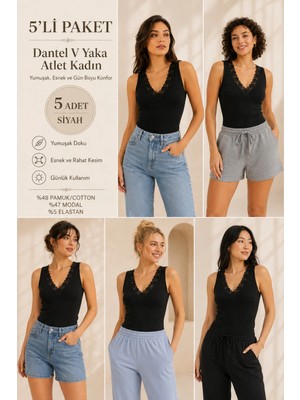 Loule Kadın Pamuk & Modal V Yaka Dantel Detaylı 5 Adet Atlet - Esnek ve Yumuşak Doku