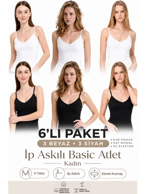 Loule Kadın 6 Adet Pamuklu & Modal Ip Askılı V Yaka Basic Atlet - Terletmeyen Esnek Kumaş