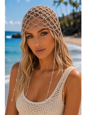 Tom Company-Vizon-Boncuklu Örgü Bohem Saç Aksesuarı File Yazlık Bere Şapka & Bandana