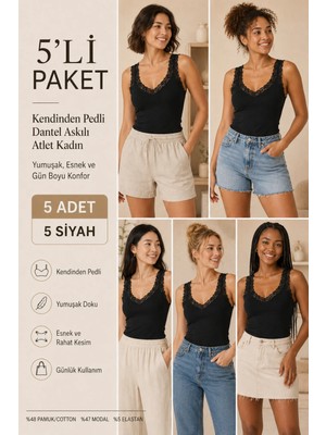 Loule Kadın Pamuklu & Modal Dantel Askılı Pedli 5 Adet Esnek Günlük Atlet - Toparlayıcı 5'li Bra Singlet