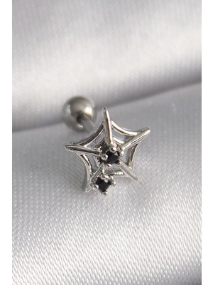 Alvera 316L Çelik Gümüş Renk Siyah Zirkon Taş Detay Örümcek Ağ Model Tragus Piercing