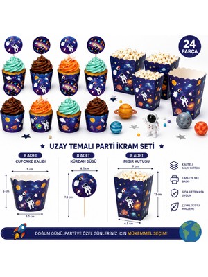 Bkmc Party Galaxy Space Premium Parti Ikram Seti | Uzay Temalı Cupcake Kalıbı, Astronot Kürdan Süsü ve Mısır Kutusu – 24 Parça