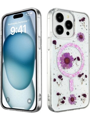 Fırsatkolik Mey Ithalat®   iPhone 15 Pro Max Kılıf Daisy Simli Magsafe Kapak - Mor