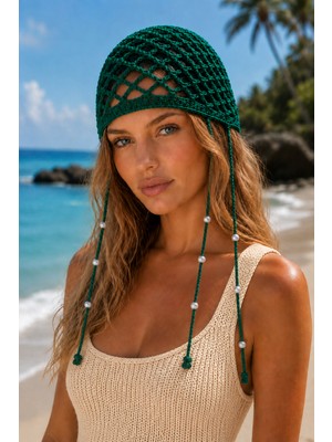 Tom Company-Zümrüt Yeşili-Inci Boncuklu Örgü Bohem Saç Aksesuarı File Yazlık Bere Şapka & Bandana