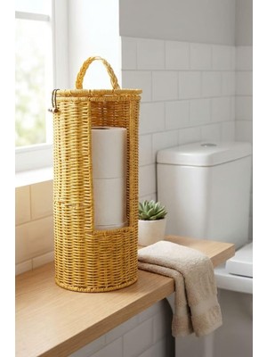 Valor Buffer Hasır Görünümlü Plastik Rattan Tuvalet Kağıdı Standı, Askılı Kapaklı Wc Kağıtlık, Yedekli Ba