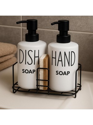 Valor Metal Standlı Çiftli Seramik Sıvı Sabunluk – Dish & Hand Soap Yazılı