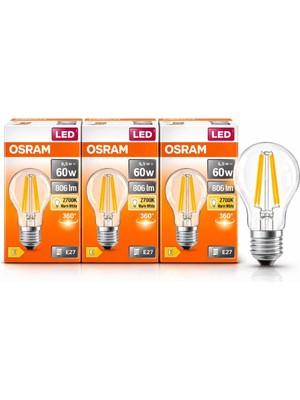 Valor Osram LED Filament Ampul 6.5W (60W Eşdeğer) 2700K Sarı Işık 806 Lümen E27 Duy – 3’lü Paket – E Ener