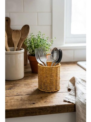 Valor Buffer Yuvarlak Hasır Dokulu Plastik Rattan Kaşıklık ve Çatallık, Askılı Çok Amaçlı Mutfak Organize