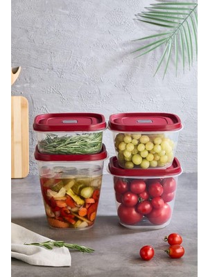Valor Modern 4 ' Lü Kare Vakumlu Saklama Kabi - Özel Vakum Kapağı - Kırmızı - 1000ML 1500ML -2000ML -2500