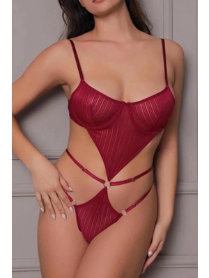 Ozka Concept Transparan Bordo Dekolteli Balenli Fantazi Iç Giyim Body TM1410