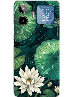 TechTree General Mobile Gm 26 Pro Uyumlu Yeşil Yapraklı Nilüfer ve Yusufçuk Baskılı Silikon Kılıf