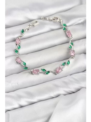 Uslucan Alışveriş Pirinç Gümüş Renk Pembe Zirkon Taşlı Çiçek Model Kadın Bileklik TJ-BB8590