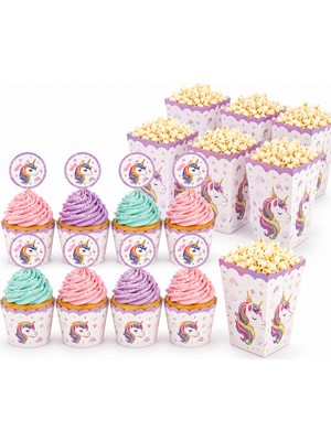 Bkmc Party Premium Unicorn Parti Ikram Seti | 8 Cupcake Kalıbı + 8 Kürdan Süsü + 8 Baskılı Mısır Kutusu | Pastel Tek Boynuzlu At Doğum Günü 24 Parça