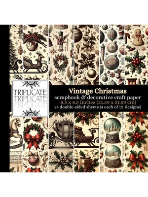 Mey İthalat Independently Published Vintage Christmas Scrapbook And Decorative Craft Paper: 24 Double-Sided Matte Sheets Of 8.5 x 8.5 Inch 90GSM Featuring 12 Festive Designs (4 Of Each Design)