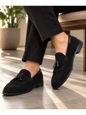 Yalçın Erkek Siyah Süet Parlak Detaylı Loafer Püsküllü Klasik Günlük Ayakkabı