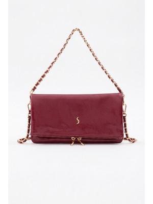 Santini Kadın Çanta Çapraz Çanta Askılı Kol Çantası Omuz Çantası Çift Zincir Askılı Clutch El Çantası –bordo Lior Fold