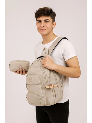 Çanta Trend Mega Boy Krem Unisex Ayarlanabilir Ortapedik Askılı Çok Gözlü Laptop Bölmeli Okul Çantası