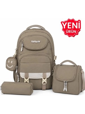 Çanta Trend 4’lü Tsylon Kumaş Su Geçirmez, Ilkokul Çantası Seti Beslenme Çantası Kalemlik ve Aksesuar Çantalı