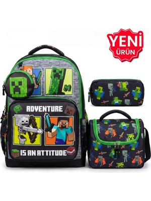 Çanta Trend 4’lü Set, Erkek Çocuk Desenli Ilkokul Okul Çantası + Beslenme Çantası + Kalemlik + Silgilik