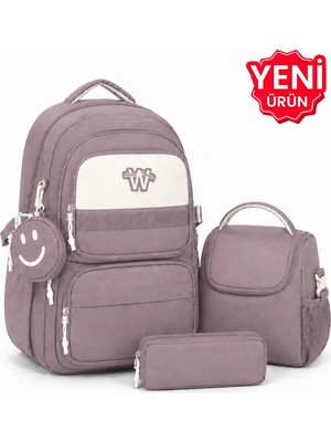 Çanta Trend 4’lü Saten Kumaş Su Geçirmez, Ilkokul Çantası Seti Beslenme Çantası Kalemlik ve Aksesuar Çantalı