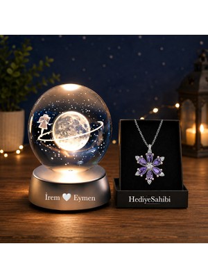 Keyfim Shop Kişiye Özel Satürn Işıklı Cam Küre 8cm*6cm Lotus Kamelya Çiçeği Kolye Hediyeli
