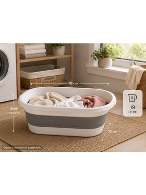 Olia Home Oliahome 18 Litre Katlanabilir Sele Silikon Katlanır Çamaşır Sepeti Çok Amaçlı Banyo ve Kamp Taşıma Küveti 47X32X19 cm