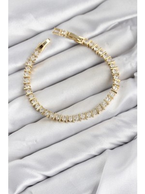 AyrStore cm Şerit Model Zirkon Taşlı Vıp Seri Gold Renk Pirinç Kadın Bileklik