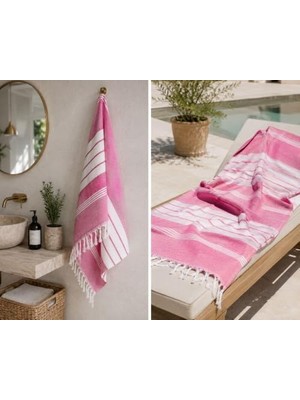 Pembe Beyaz Şeritli Yıkanmış Pamuk Peştemal